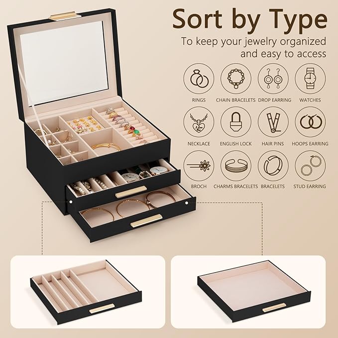 3-Layer Jewelry Box for Women, Jewelry Organizer with Glass Lid and Drawers, Jewelry Organizers and Storage for Necklaces, Ri