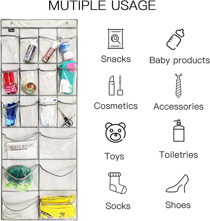 2 Pack Extra Large Hanging Crystal Clear Over Door Shoe Organizers, Closet Shoe Rack Organizer, 12+6 Pockets, 8 Hooks, Grey (