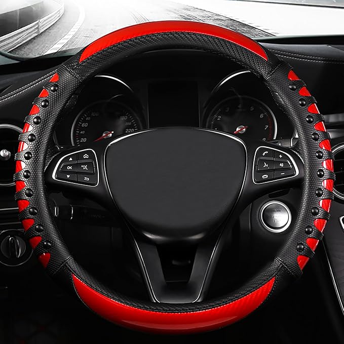 3D Massage Red Carbon Fiber Leather Steering Wheel Cover, 14.5-15 Inch Non-Slip Breathable Microfiber Car Steering Wheel Prot