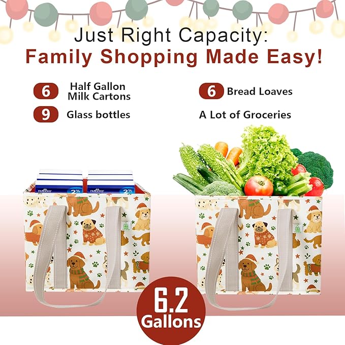 VENO 3 Pack Christmas Reusable Grocery Bags, Shopping Bags for Groceries, Tote with Handles and Hard Bottom, Foldable Shopping Cart Organizer, Water Resistant, Heavy-Duty (Holiday Pups, 6 Gallon)