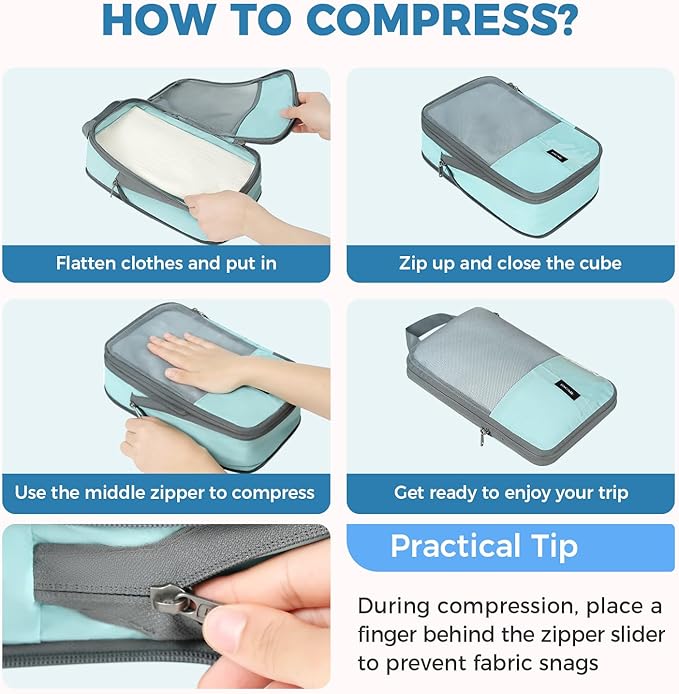BAGAIL 6 Set Lightweight Compression Packing Cubes with Packing List, Anti-Tearing Expandable Organizer Bags for Travel, Dust