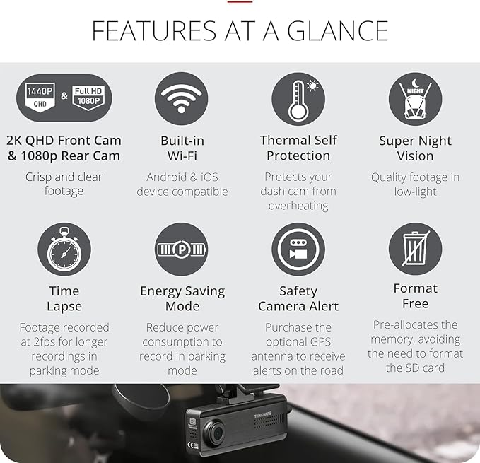 THINKWARE Q200 Dash Cam Car Dashboard Camera, WiFi, WDR, Speed Red Light Alerts, ADAS, 256GB Max, Parking Monitor, Night Visi