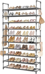 LANTEFUL Tall Shoe Rack 10 Tier Shoe Organizer Large Shoe Shelf with 18 Hooks Storage for 50 Pair Sneaker and Boot, Stackable
