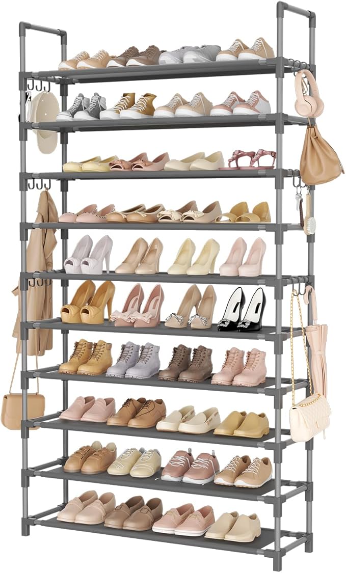 LANTEFUL Tall Shoe Rack 10 Tier Shoe Organizer Large Shoe Shelf with 18 Hooks Storage for 50 Pair Sneaker and Boot, Stackable