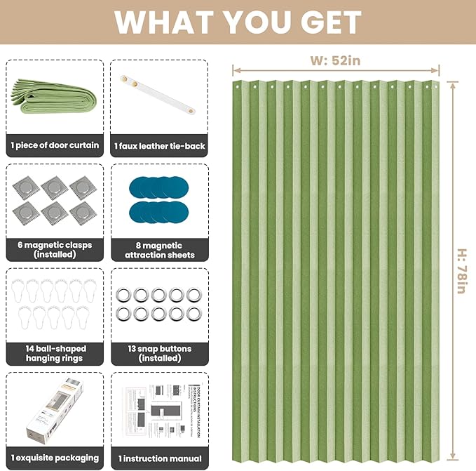 Jilron Accordian Door Curtain, 100% Blackout Folding Magnetic Doorway Curtains,Linen Style Closet Doors,for Room Divider,Priv