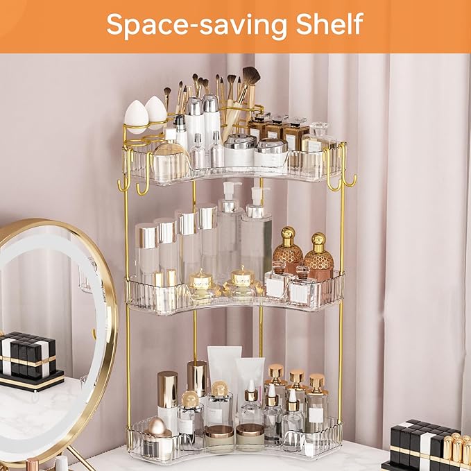 3-Tier Corner Bathroom Counter Organizer，Makeup & Skincare Shelf with Built-in Brush Holder，Space-Saving Bathroom Countertop 