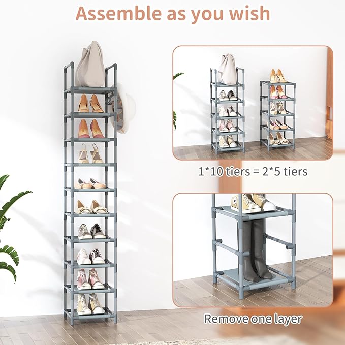 LANTEFUL Narrow Shoe Rack 10-Tier Tall Shoe Organizer Skinny Shoe Shelf Storage for 10-15 Pairs Shoe and Boot, Space Saving C