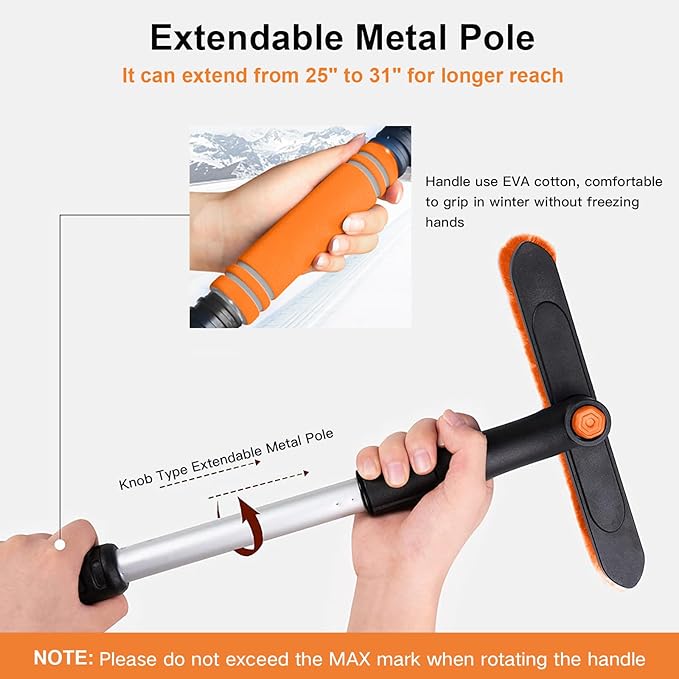 Kairiyard 31" Snow Brush and Ice Scrapers for Car Windshield, Detachable Extendable 360° Pivoting Snow Scrapers and Brush with Ergonomic Foam Grip for Car,Truck,SUV(Orange)