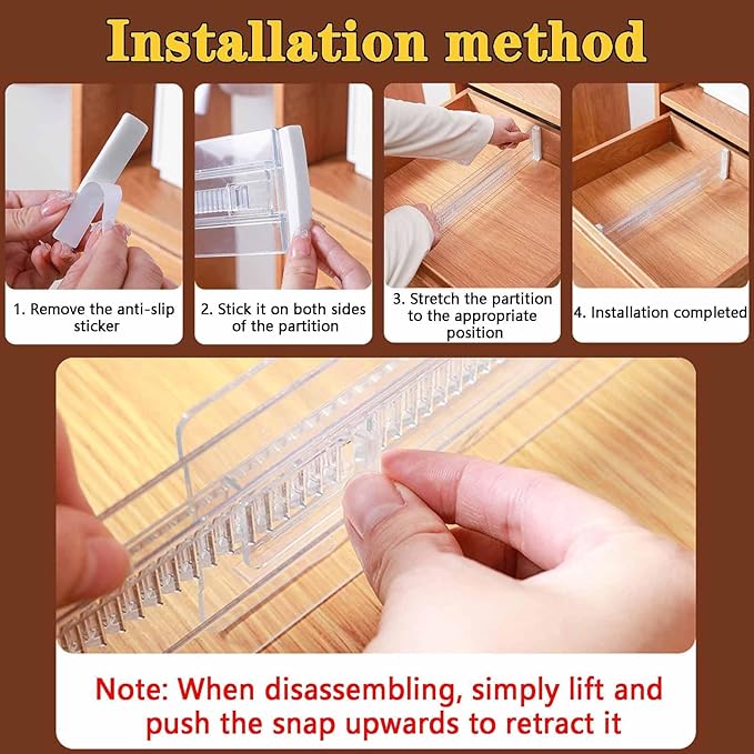 8 Pcs Drawer Dividers for Clothes, 3.15" High 11.34"-19.69" Adjustable Expandable Dresser Drawer Organizer, Clear Plastic Sep