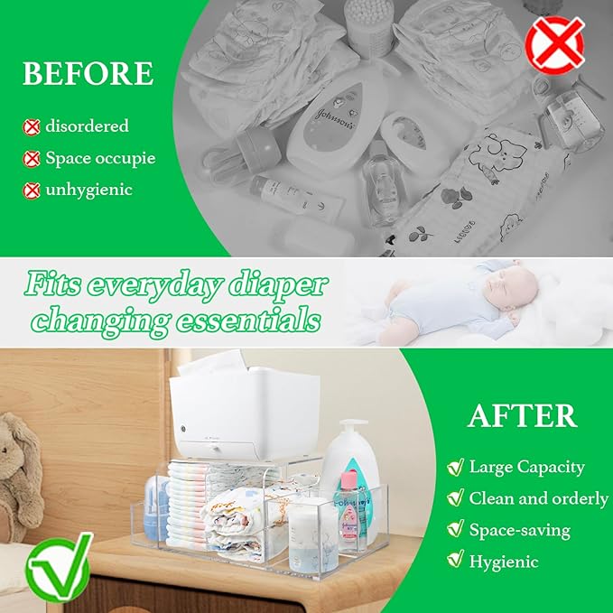 NANYEZH Acrylic Diaper Caddy, Baby Wipes Organizer for Changing Table, Dresser Top Tabletop Organizer with 4 Detachable Compa