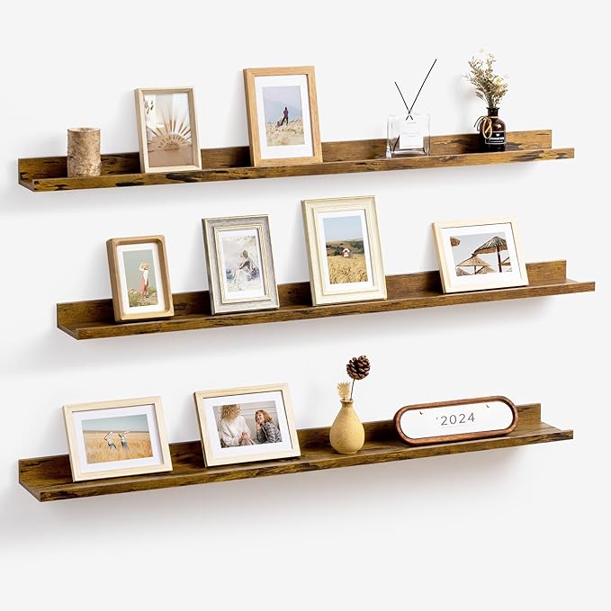 Axeman 48 Inch Floating Shelves | Brown Picture Ledge Shelf Set of 3 | Rustic Brown Wood Wall Shelves with Lip | 48" Picture 