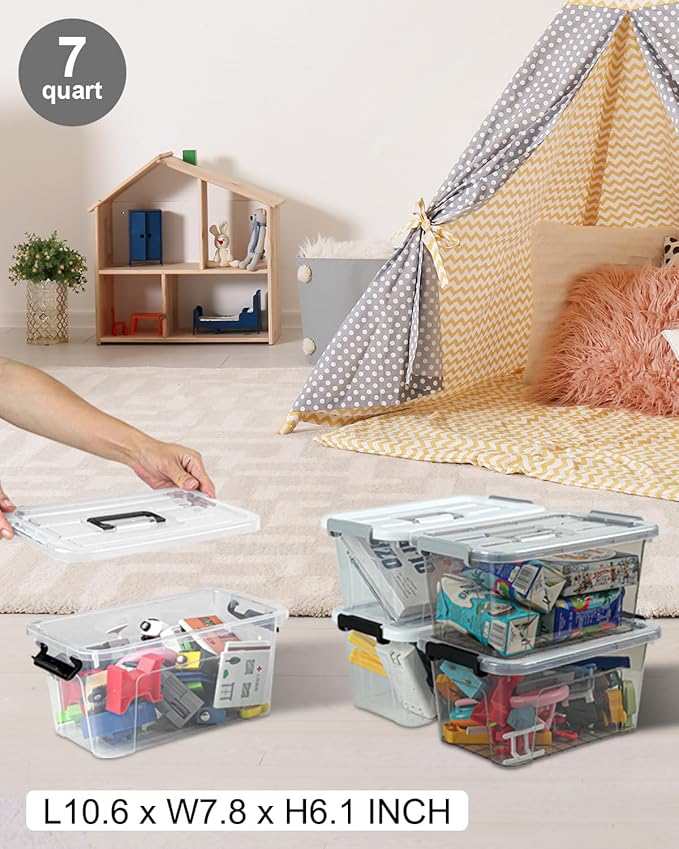 NUMIFUN Plastic Storage Bins With Lids 6 Pack Storage Organizer Bins, 7 Quart Stackable Storage Bins with Lids and Black Hand