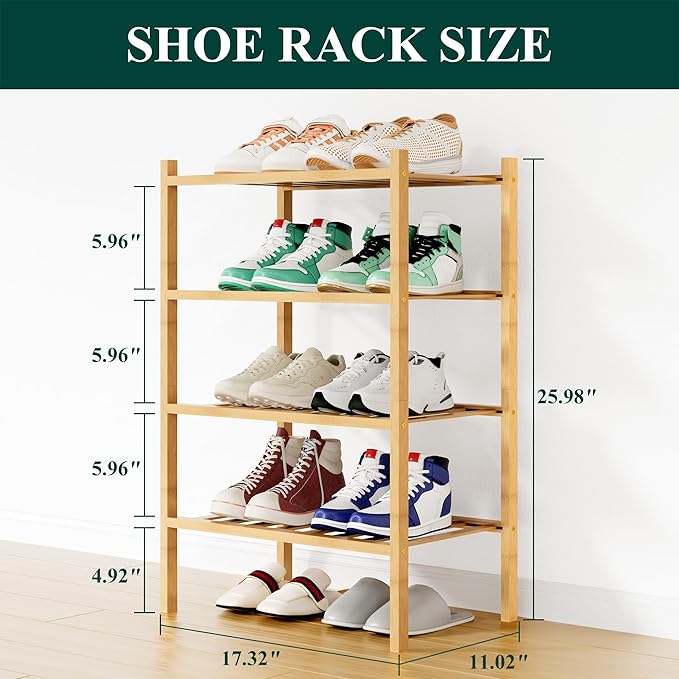 Smiry Shoe Rack, 4 Tier Small Bamboo Shoe Organizer, Stackable Free Standing Wooden Shoe Storage Shelf for Closet, Entryway, 