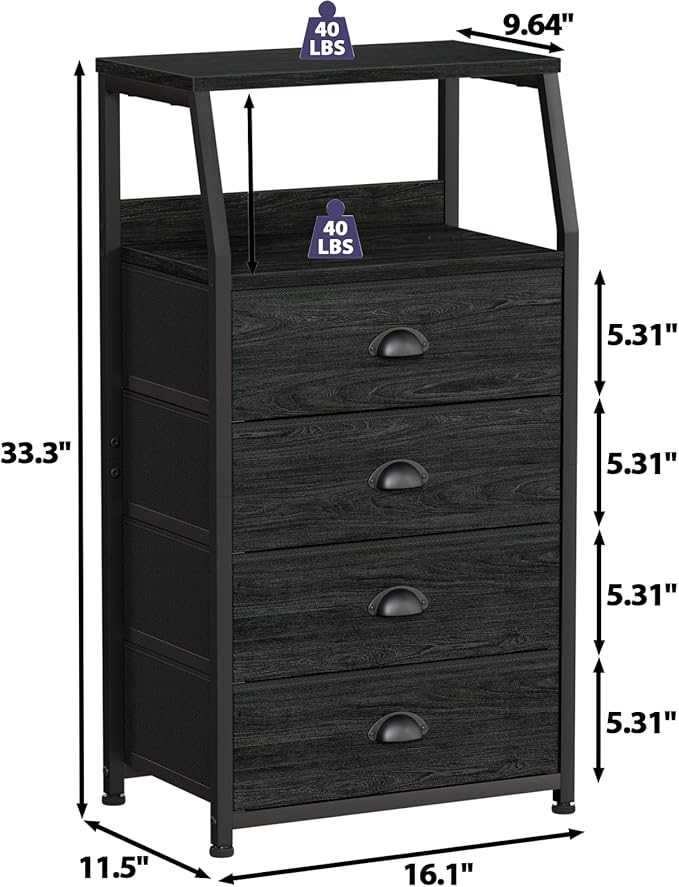 Furnulem Tall 4 Drawers Dresser, Vertical Storage Tower Black Dresser for Bedroom, Hallway, Entryway, Nursery, Closet Organiz