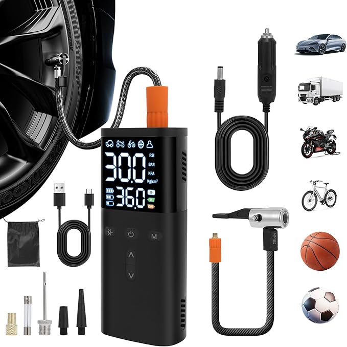 Tire Inflator Portable Air Compressor, 10000mAh Cordless Air Pump for Car Tires, Bike, Motorcycle, 150PSI Electric Air Pump with Digital Gauge, Auto-Stop, LED Light for Emergency & Travel