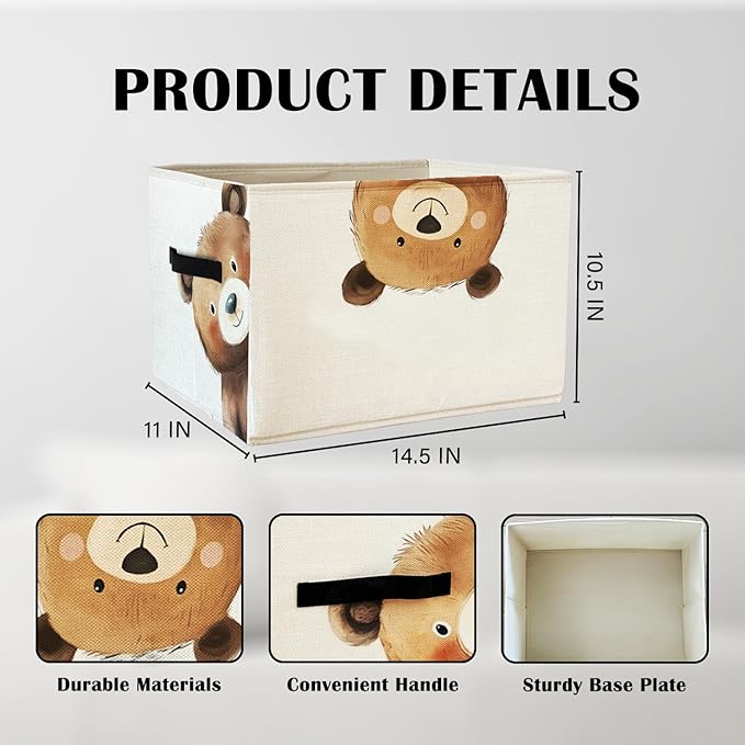 Rectangular Bear Basket Cute Animal Woodland Storage Basket Organizer Bins With Handles,Toy Baskets Storage Kids,Bear Laundry
