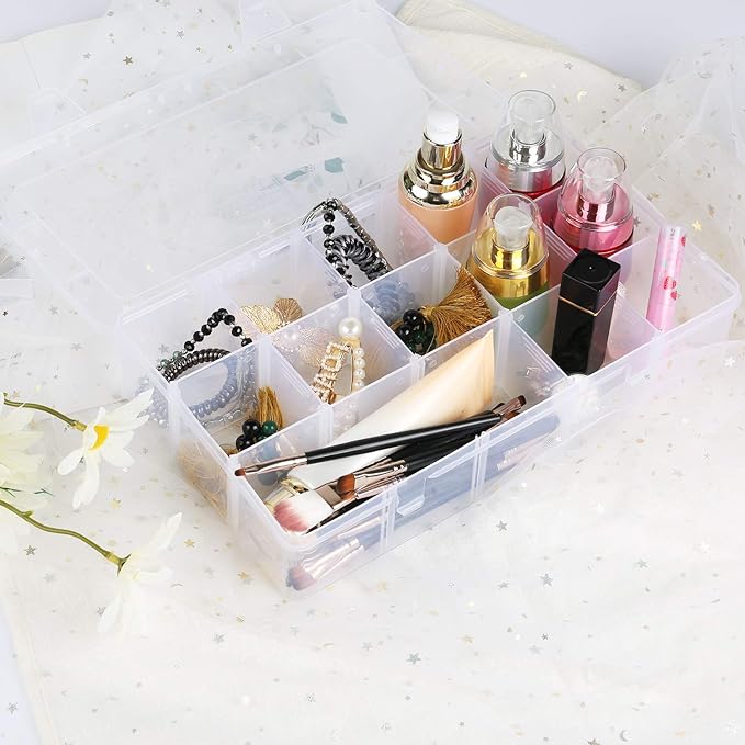 Umirokin 2 Pack 15 Grids Clear Plastic Organizer Box with Adjustable Dividers, Craft Storage Containers for Jewelry, Beads, S