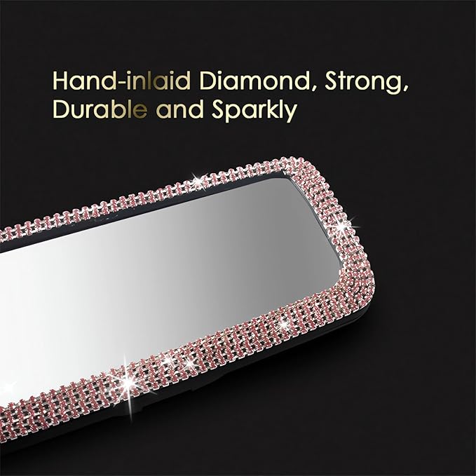 Bling Rhinestone Car Rear View Mirror - Crystal Diamond Decor for Women - Stylish Automotive Interior Accessory (Pink)