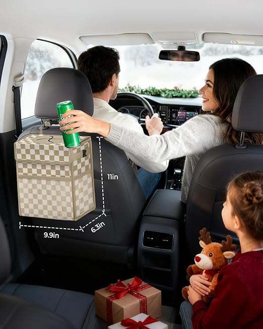 Corduroy Car Trash Can with Lid and Mesh Pockets - Leakproof Organizer,Multipurpose Waterproof Garbage Can/Trash Bin for Car(Khaki Check-3 Gallons)