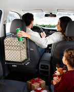Corduroy Car Trash Can with Lid and Mesh Pockets - Leakproof Organizer,Multipurpose Waterproof Garbage Can/Trash Bin for Car(Khaki Check-3 Gallons)
