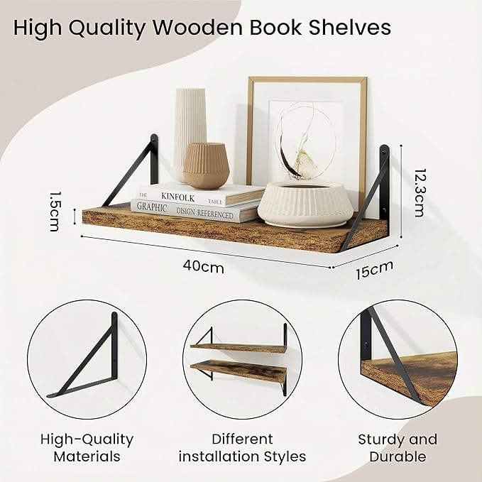 Floating Shelves, Wall Book Shelf with Brackets, 16 inch Wall Shelves Set of 3, Particle Board Wooden Shelf for Kitchen, Bath