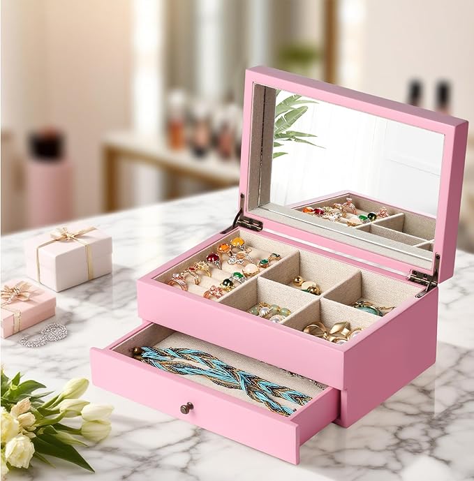 Meangood Jewelry Box Organizer for Women, 2 Layer Large Jewelry Storage Case, Rustic Wooden Jewelry Box with Mirror & Ring Tr