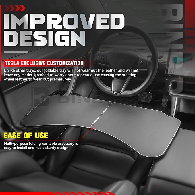 Car Folding Tray Table Leather Compatible with Tesla Model 3 Y – Multi-Use Dining Tray & Laptop Stand, Fits Front Driver & Passenger Seats,Black