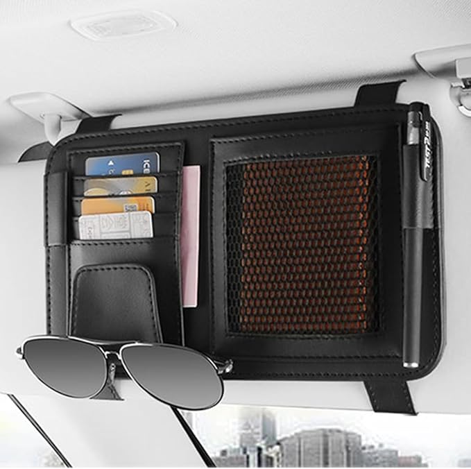 Leather Car Sun Visor Organizer for Or Truck, Sunglasses Holder, Cards Sleeve Pockets Organizer,Visor Document Holder for Car Registration License, Drving License, Insurance, Cards, Pen, Key