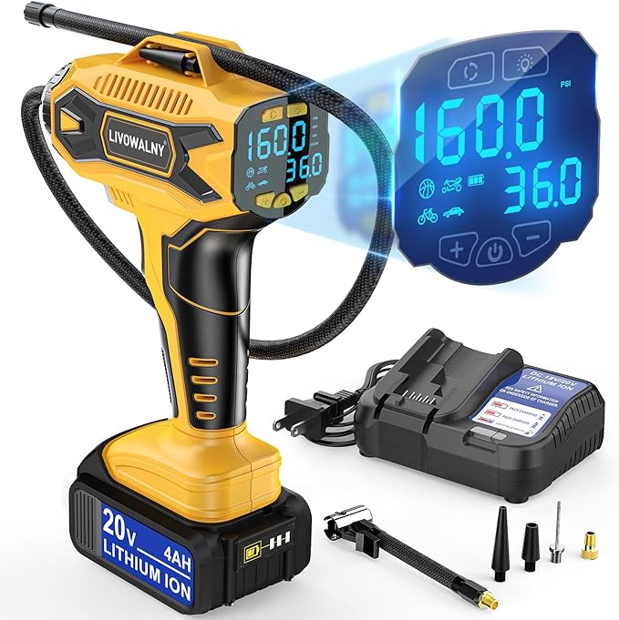 Cordless Tire Inflator Air Compressor Compatible With Dewalt 20V Battery: LIVOWALNY Portable Handheld Air Pump with Digital Pressure Gauge for Cars Motorcycles Bikes Sport Balls Auto