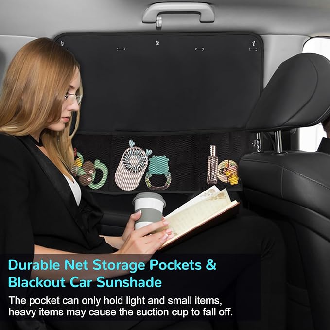 Car Sun Shade Side Window, 2 Pcs Blackout Car Window Shade for Baby Privacy with Storage Net Pockets Auto Curtains 7 Suction Cups for Heat/UV Protection Sun Block Covers