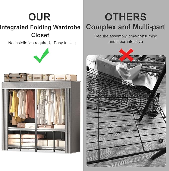 Foldable Wardrobe Closet, Clothes Rack with Cover for Bedroom, Portable Metal Closet Organizer, Thick Steel Tubes, Heavy Duty