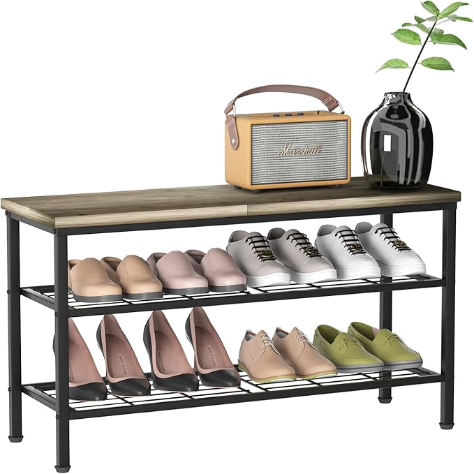 3-Tier Metal Shoe Rack with Wood Top - Durable & Space-Saving Shoe Organizer,Industrial Shoe Organizer Shelf Bench Storagefor