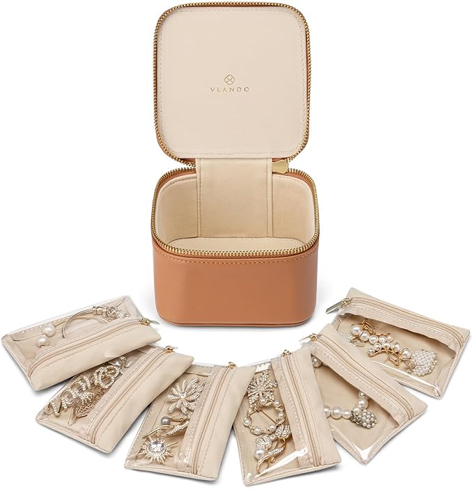 Vlando Jewelry Travel Case,Travel Jewelry Organizer with Clear Velvet Jewelry Bags 6Pcs Zipper Pouch for Women-Brown