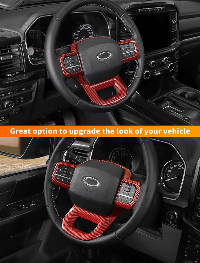 Savadicar Red Carbon Fiber Interior Accessories - Steering Wheel Trim Cover for Ford F150 (2021-present) - Premium Texture Interior Decor Upgrade Option, 1 PC