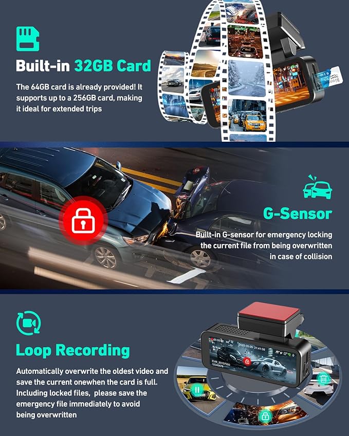 4K Dash Cam Front, Built-in 5GHz WiFi & APP Control, Dash Camera for Cars W/ 32GB Included, 3.2" IPS Screen Car Dash Cam W/ 2