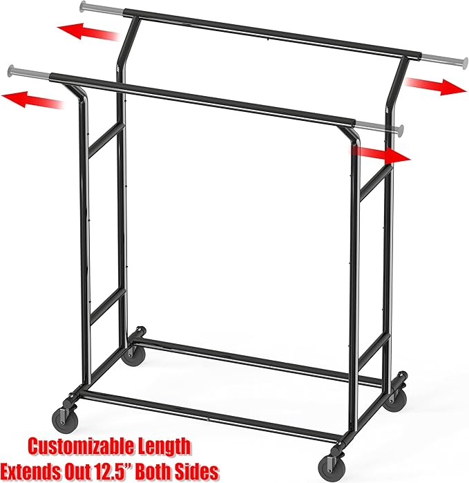Simple Houseware Heavy Duty Double Rail Clothing Garment Rack, Holds Up to 200 lbs, 43 to 67 Inches Extendable Rod, Black