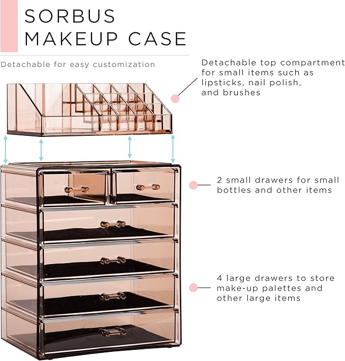 Sorbus Acrylic Makeup Organizer Set, 6-Drawer Vanity & Countertop Cosmetic Storage with Small & Wide Compartments, Bronze Glo