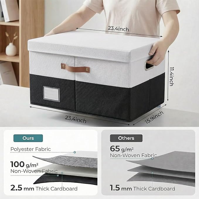 PRANDOM Storage Bins with Lids [3-Pack] Linen Fabric Foldable Storage Boxes Organizer Containers Baskets Cube with Cover for 