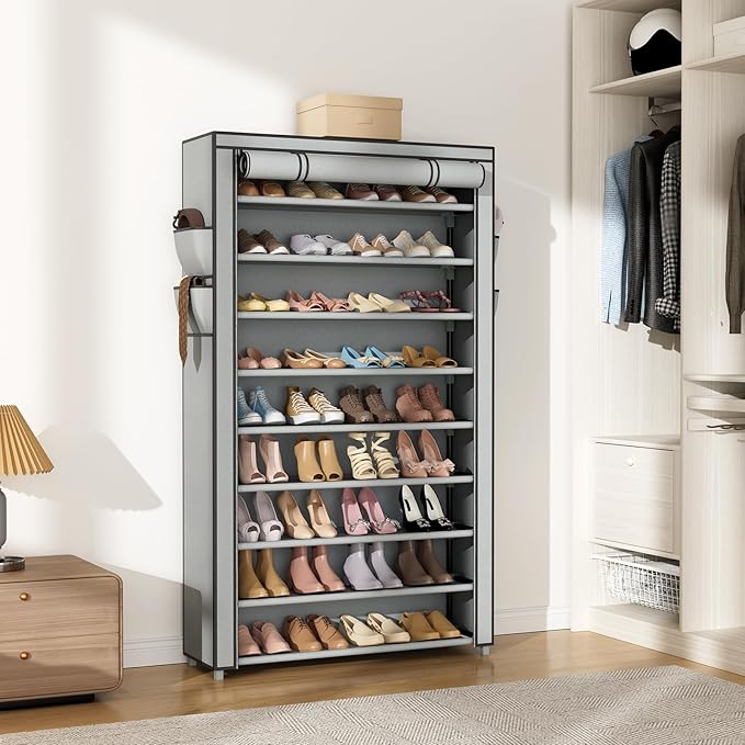 VILICK Shoe Rack with Cover Narrow Shoe Organizer with Pockets 10 Tier Tall Shoe Storage Holds 36-41 Pairs Shoes and Boots Sh