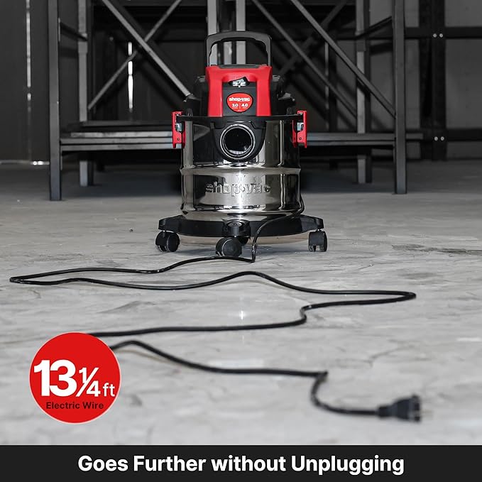 Shop-Vac 3 Gallon 4.0 HP Wet/Dry Vacuum with Blower Function, Stainless Steel Tank, Portable Shop Vacuum with Wheels, Include