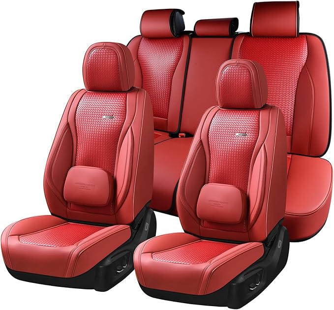 Coverado Car Seat Covers Full Set, Red Seat Covers for Cars, Waterproof Nappa Leather Automotive Seat Covers with Lumbar Head