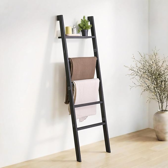 Blanket Ladder with Top Shelf, 5-Tier Wood 64” Decorative Ladder for Living Room Throws, Bedroom Quilt, Bathroom Towel & Toil