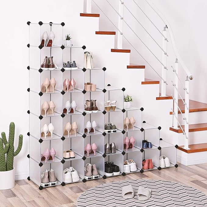 SONGMICS Shoe Rack with 32 Cubes, Interlocking Plastic Shoe Organizer, DIY Storage Cabinet for Closet Entryway Bedroom Garage