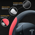 Nappa Leather Steering Wheel Cover for Tesla Model 3/Y 2016-2025 2026 Juniper/Highland, Non-Slip Breathable Tesla Model 3/Y Steering Wheel Protector, Red