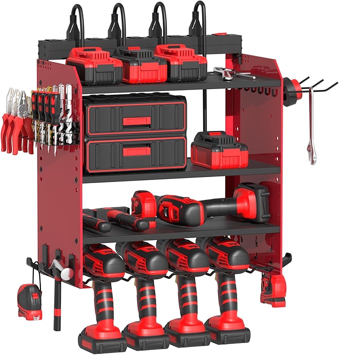 Power Tool Organizer Wall Mount with Charging Station, Garage 4 Drill Storage Shelf with Cordless Tool Holder, Heavy Duty Rac