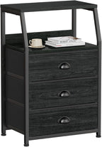 Furnulem Black Night Stand, Small Dresser for Bedroom, Nightstand with 3 Fabric Storage Drawers and 2-Tier Shelf, End Table S