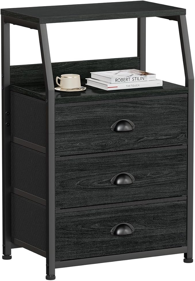 Furnulem Black Night Stand, Small Dresser for Bedroom, Nightstand with 3 Fabric Storage Drawers and 2-Tier Shelf, End Table S