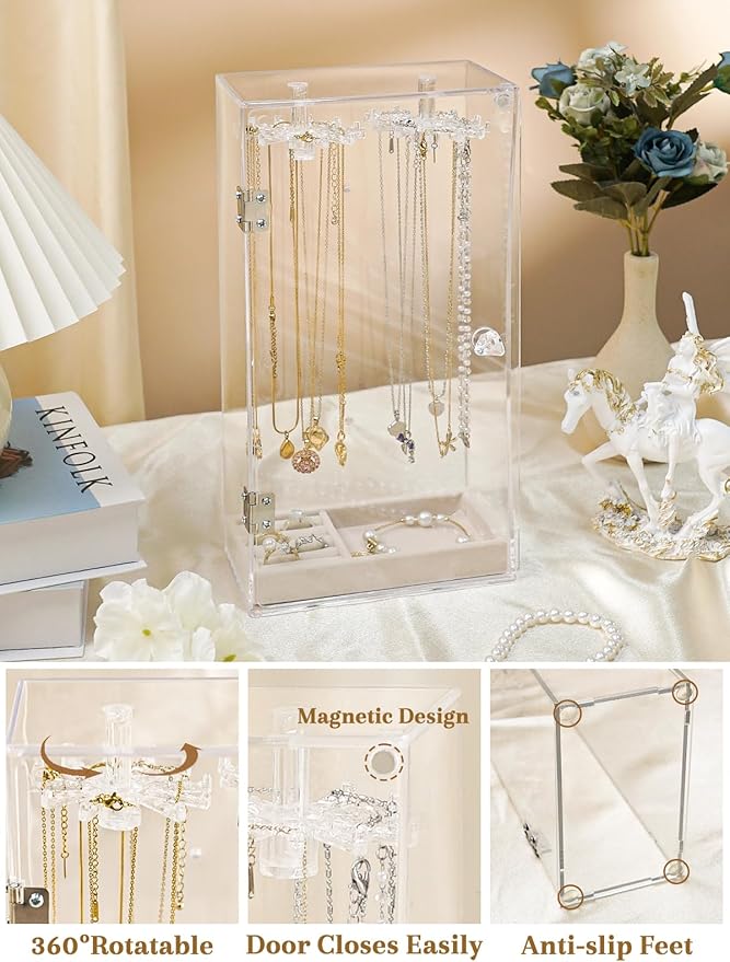 Necklace Holder, Acrylic Necklace Organizer, Rotatable Clear Jewelry Holder Organizer Display Case for Long Necklaces Pendant