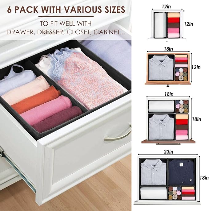 Criusia 6 Pack Clothes Drawer Organizer Dividers, Fabric Foldable Closet Dresser Drawer Organizer for Clothing, Bra Sock Unde