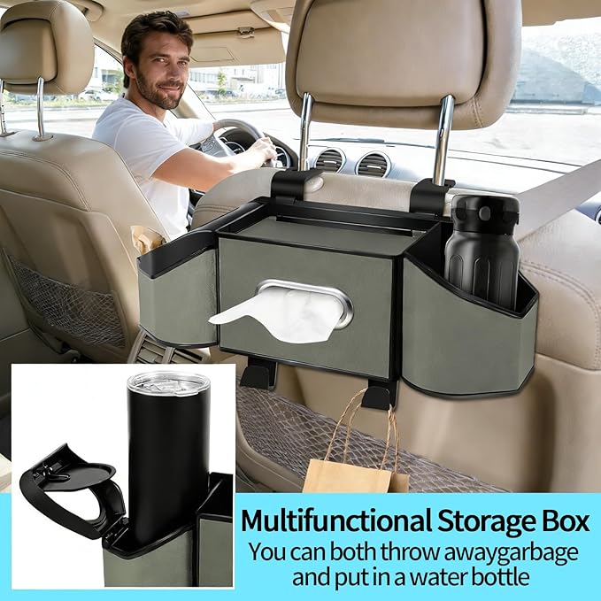 7-In-1 Multifunctional Car Seat Back Organizer with Cup Holders, Tissue Box, Garbage Can & Hooks, Headrest Storage & Cup Holder for Backseat (Grey)